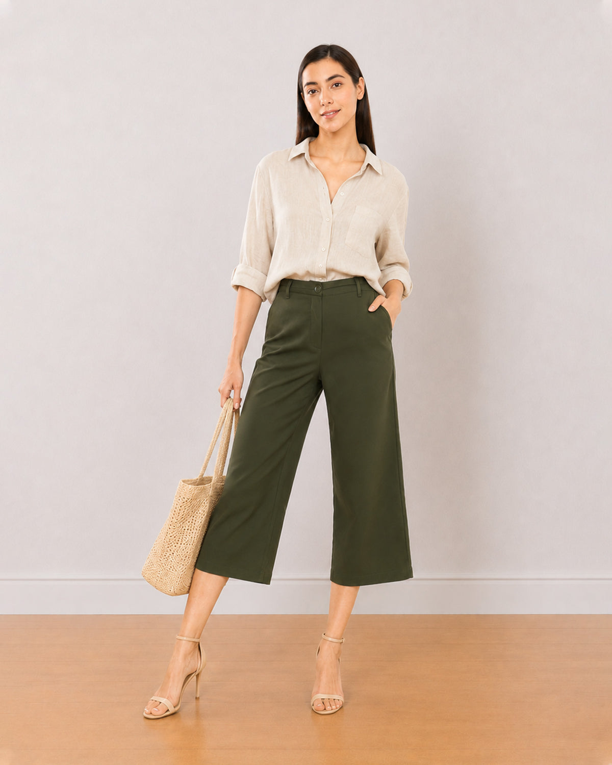 Gazillion Bella olive green soft touch viscose rayon 3/4th straight pants for women, medium waist