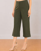 Bella olive green medium waist pants front detail with the wide mid calf straight leg