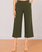 Bella olive green pants waistband with button and zip opening, belt loops and pockets