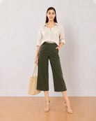 Bella olive green loose fit 3/4th straight pants, front view in mid calf length