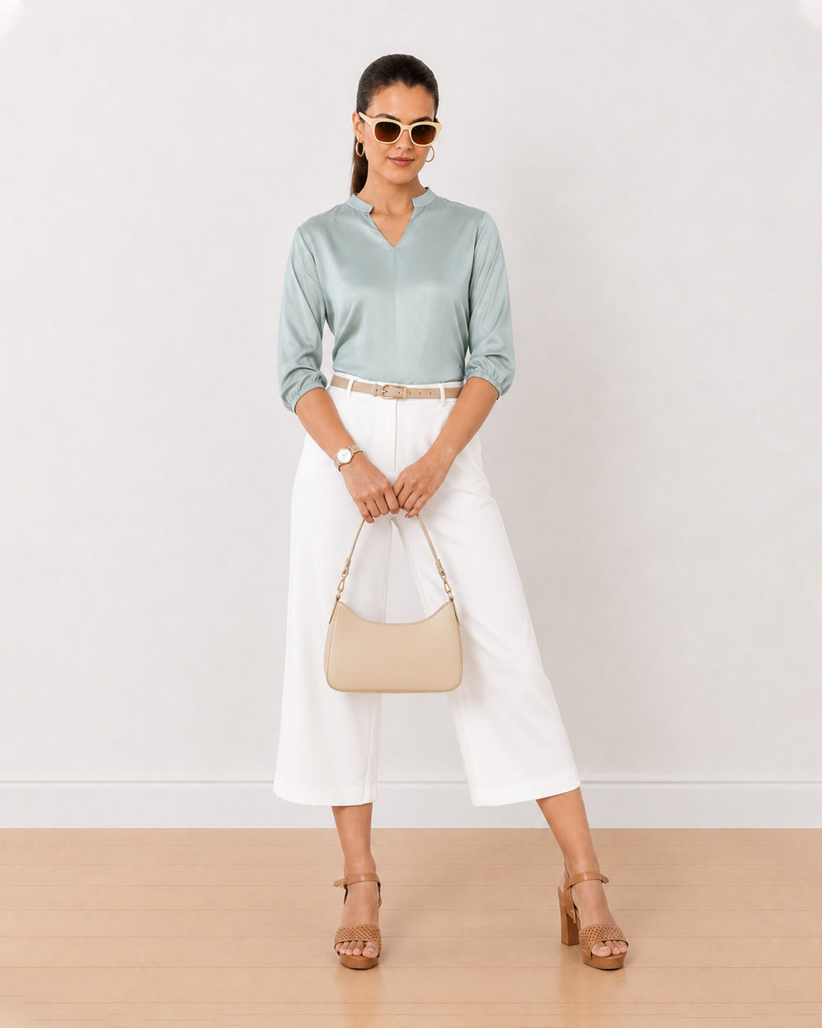 Bellina sage green plus size loose top, front view with stand collar and V-neck