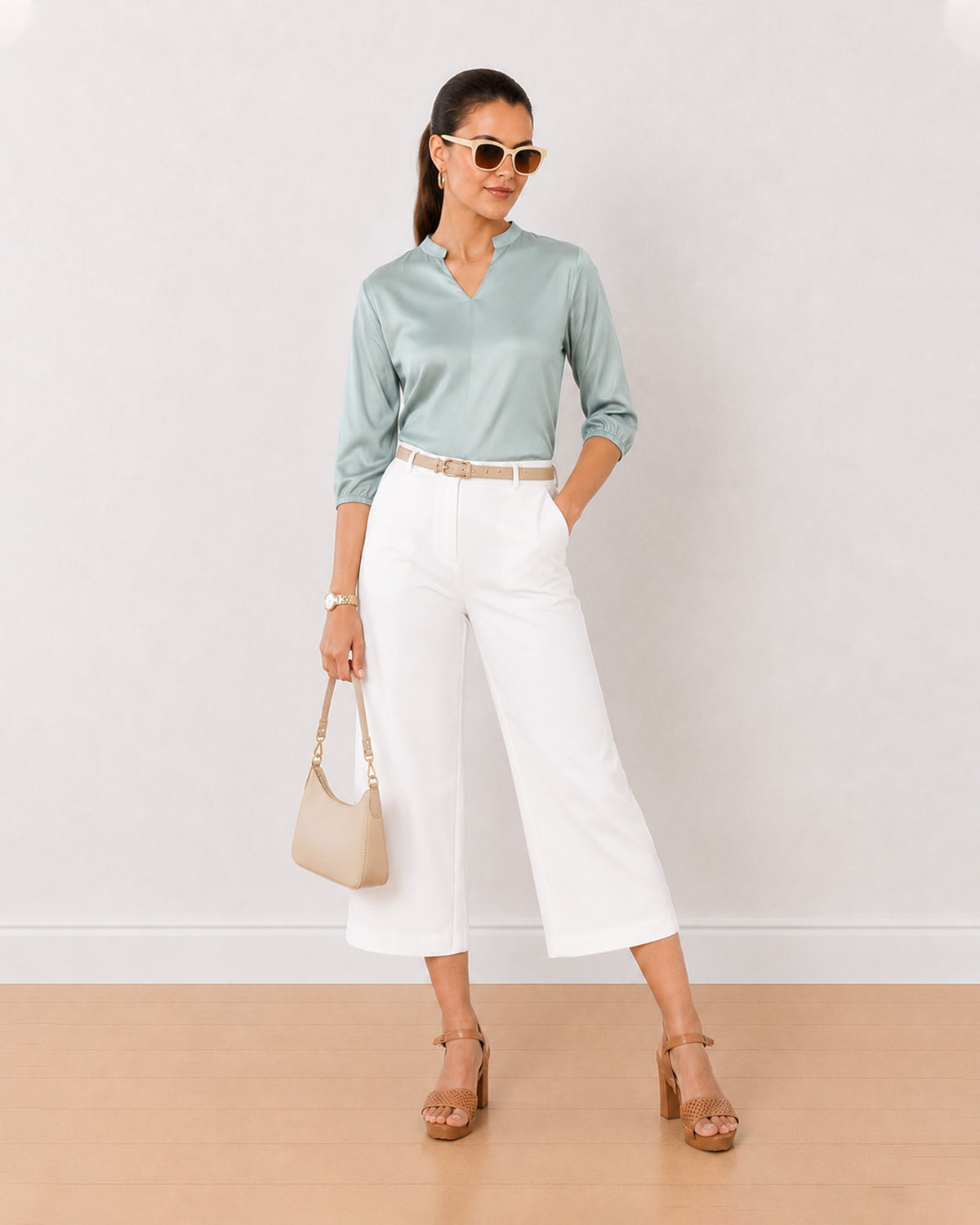 Gazillion Bellina sage green twill viscose loose top for women, full length front view with the curved hem
