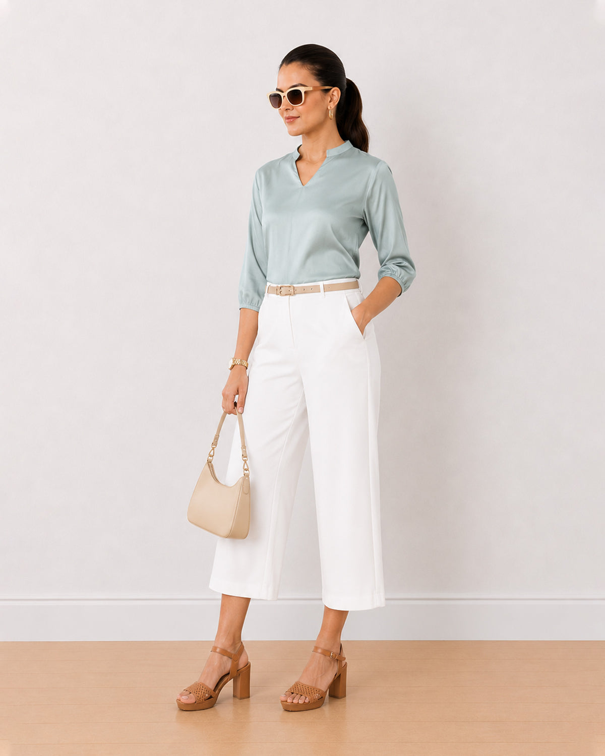 Bellina sage green twill viscose top worn relaxed, front view of the tent silhouette