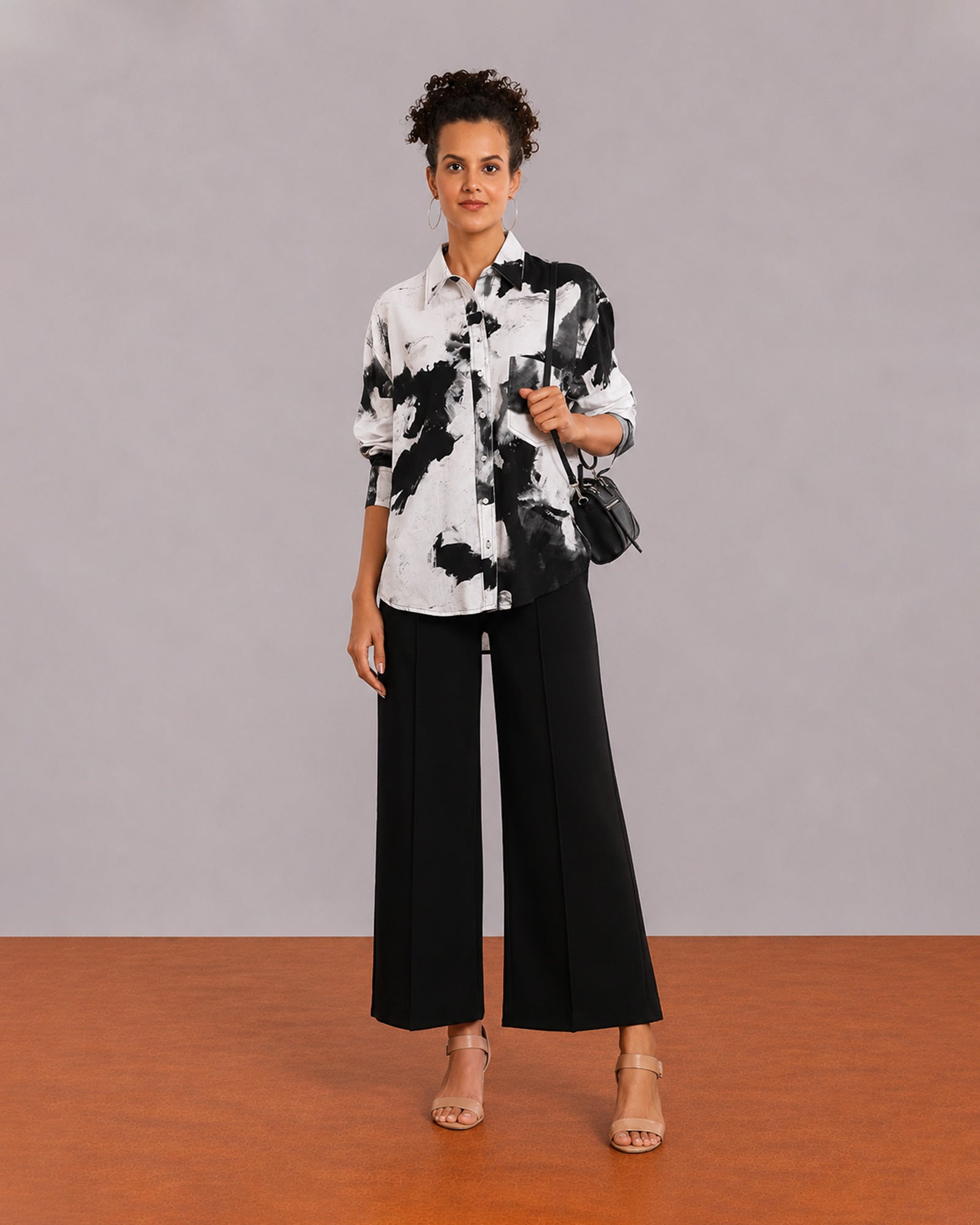 Gazillion Benna black and white viscose linen oversized shirt for women, front with curved hem