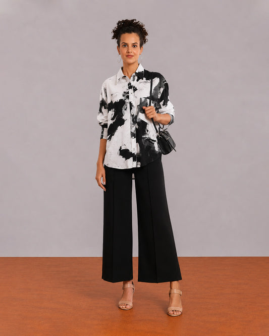 Gazillion Benna black and white viscose linen oversized shirt for women, front with curved hem