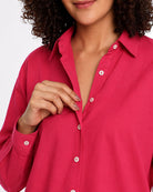 Berry bright pink cotton collar and cuff close-up with hidden dignity buttons