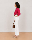 Berry bright pink cotton shirt side view with the drop shoulder and full sleeves