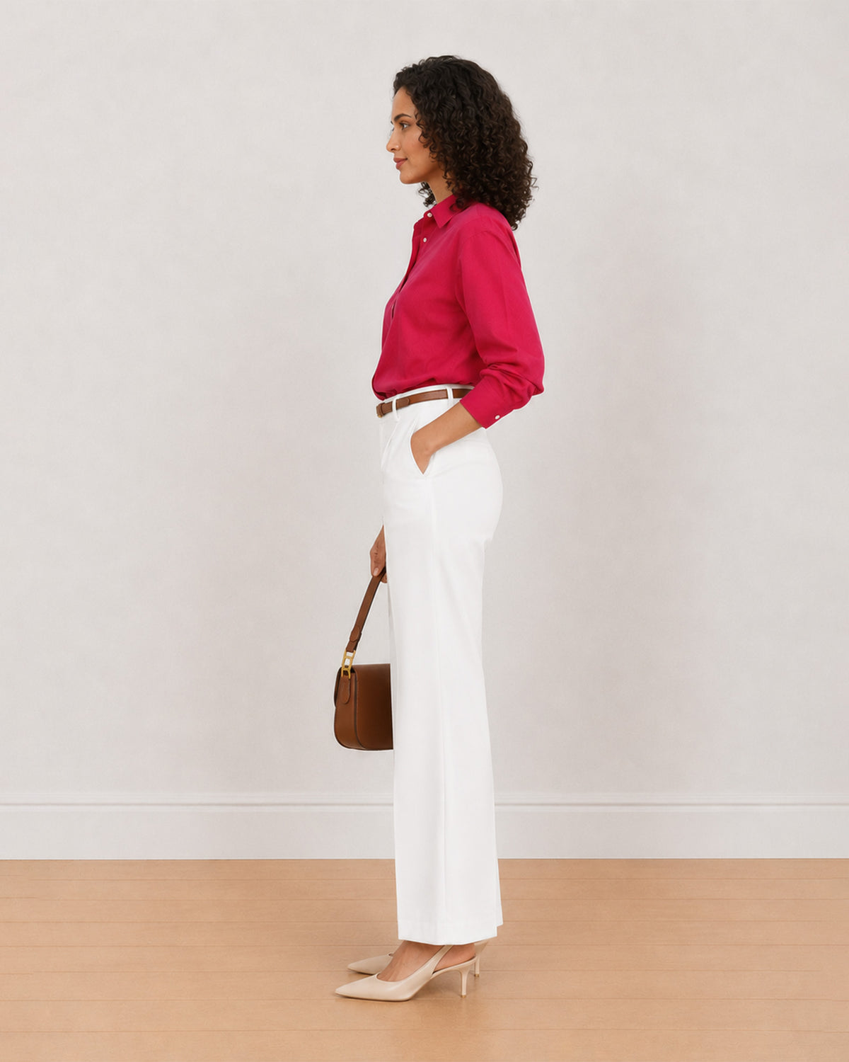 Berry bright pink cotton shirt side view with the drop shoulder and full sleeves