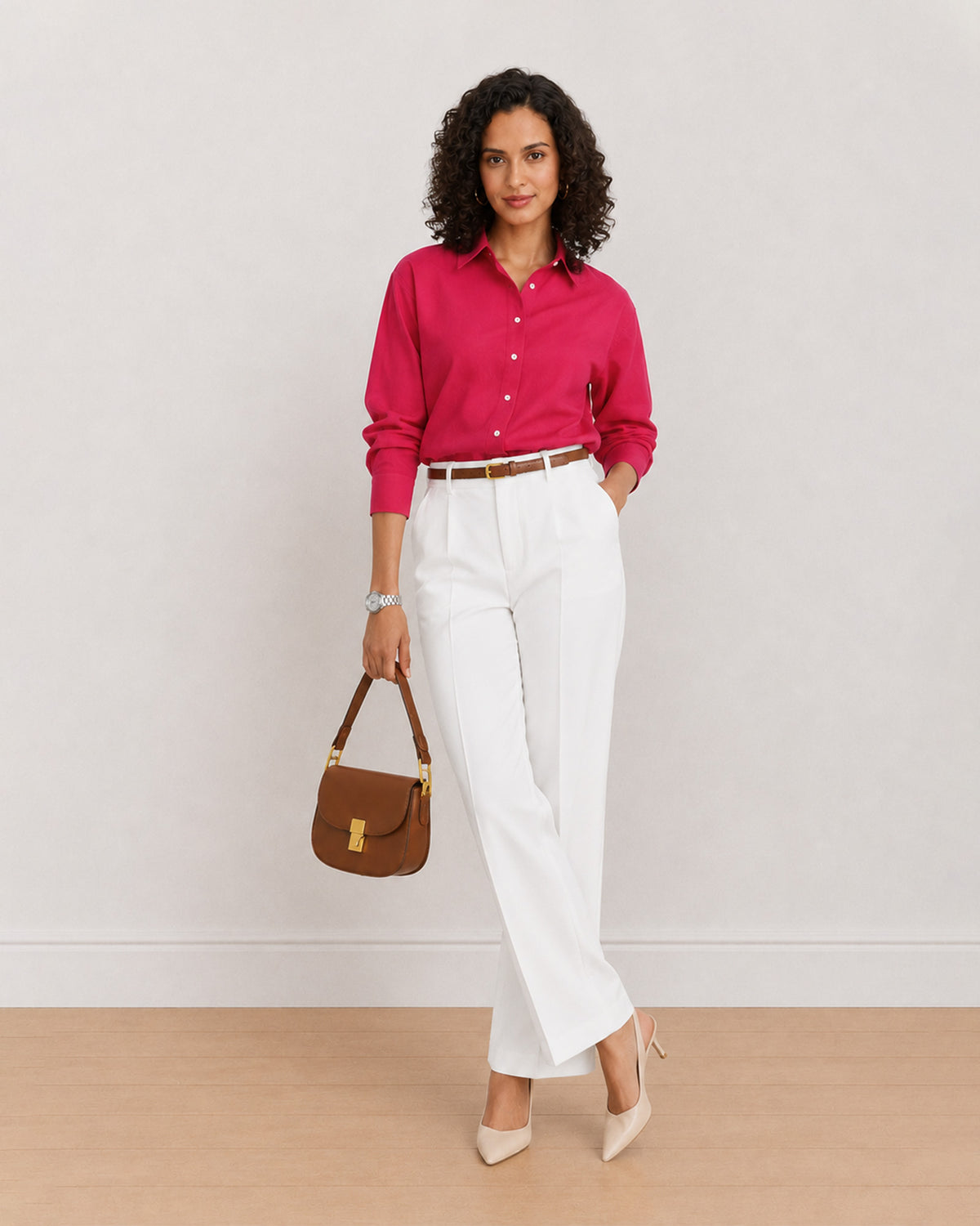 Berry bright pink cotton poplin shirt worn loose, front view with the long curved hem