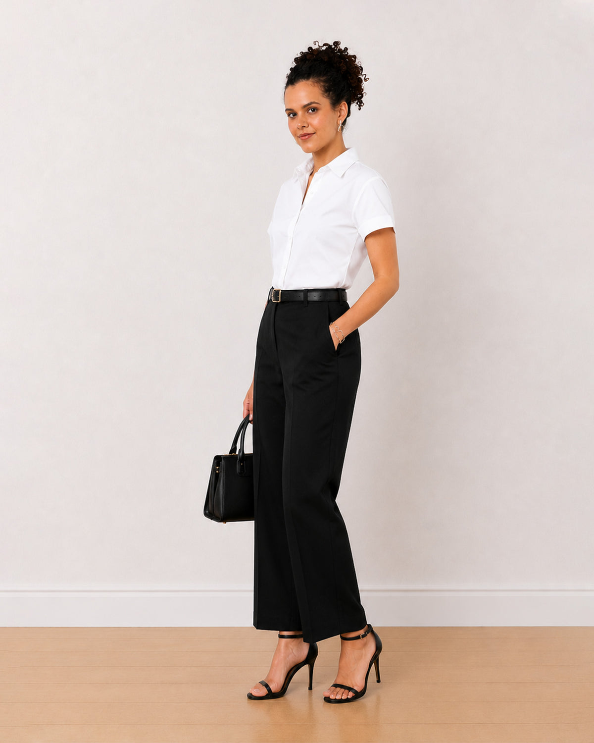 Bershka white formal half sleeves shirt, front view with ease of movement in the boxy fit