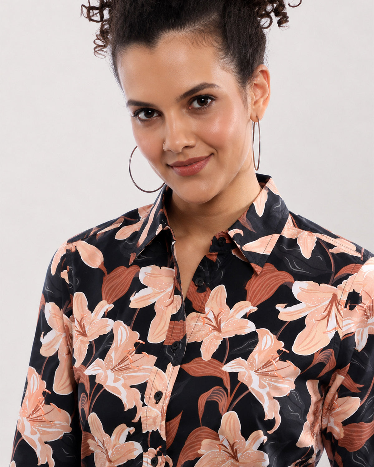 Bethany black floral print collar and placket with hidden dignity buttons