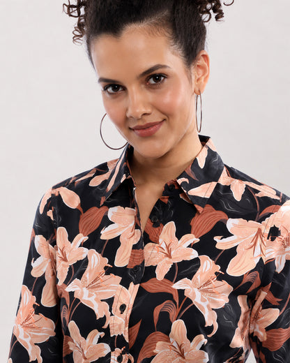 Bethany black floral print collar and placket with hidden dignity buttons