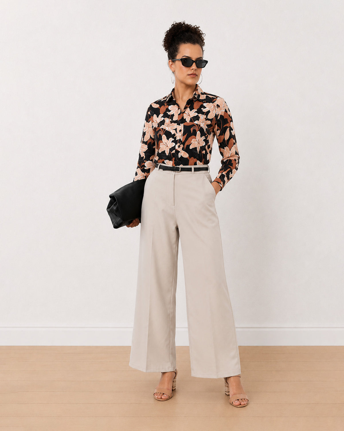 Gazillion Bethany black floral print 100% cotton shirt for women, full length front view