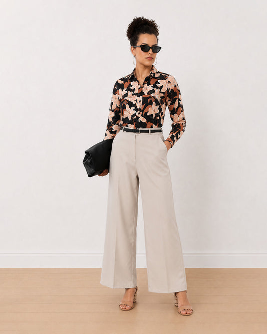 Gazillion Bethany black floral print 100% cotton shirt for women, full length front view