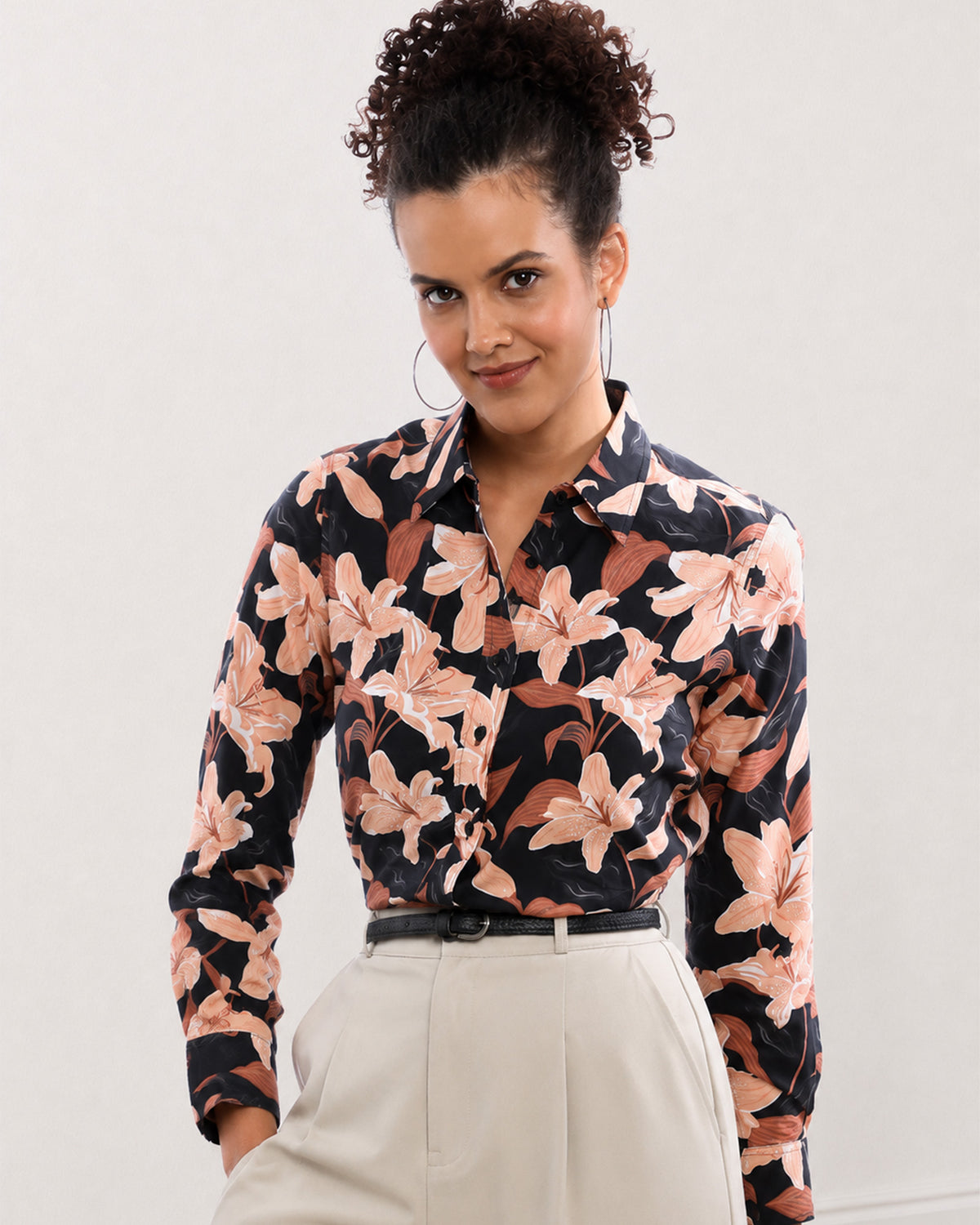Bethany black floral print cotton shirt front detail with the full sleeves