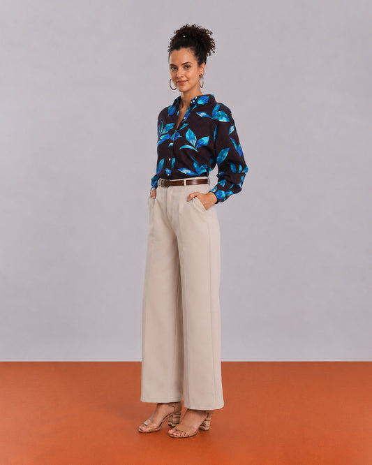 Gazillion Betty black floral print viscose linen shirt for women, full length front view