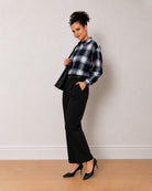 Bianca navy blue brushed cotton checks shirt, angled front view with the curved hem