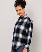 Bianca navy blue brushed cotton checks shirt, angled waist up view of the collar