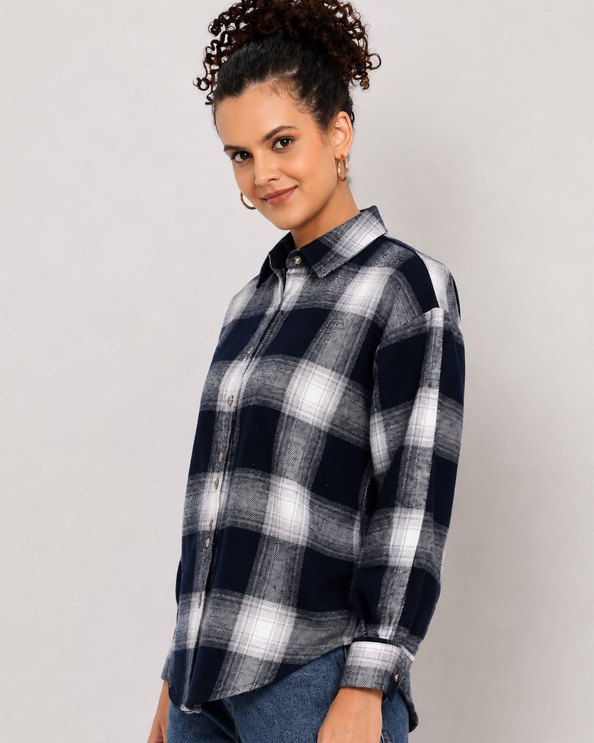 Bianca navy blue brushed cotton checks shirt, angled waist up view of the collar