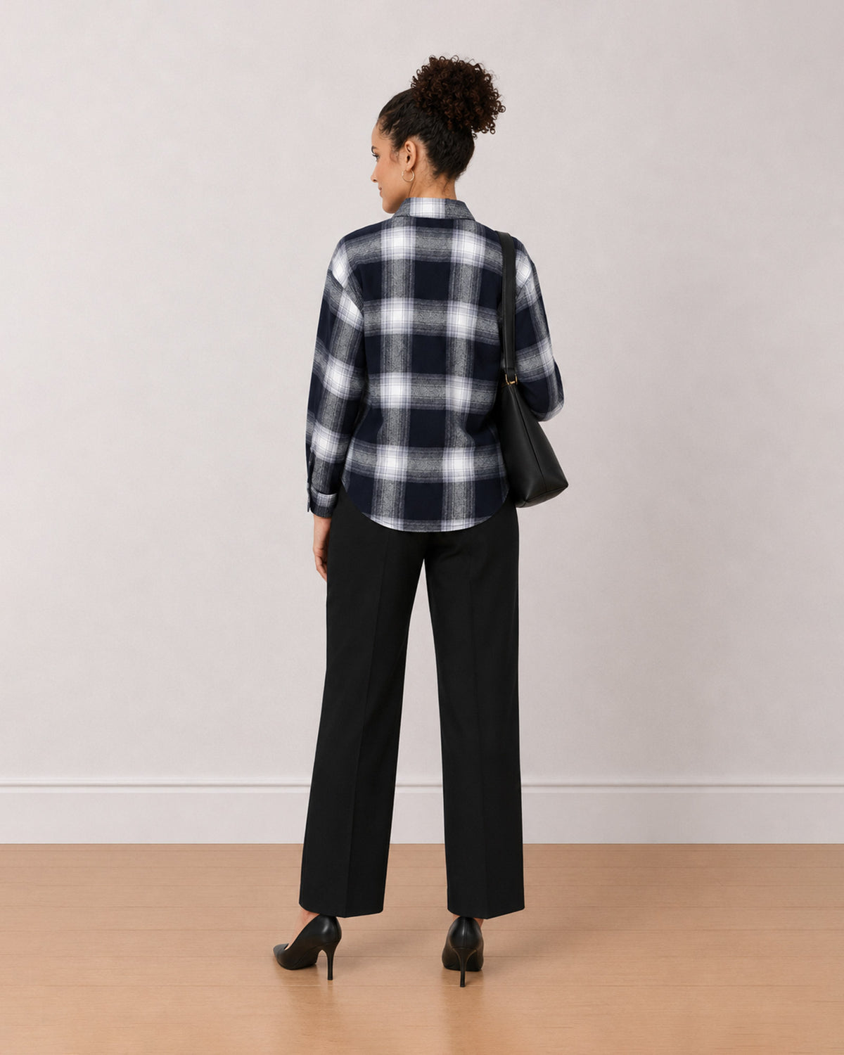 Bianca navy blue brushed cotton checks shirt back view with the long curved hem