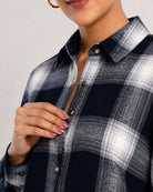 Bianca navy blue 100% cotton checks collar close-up with hidden dignity buttons