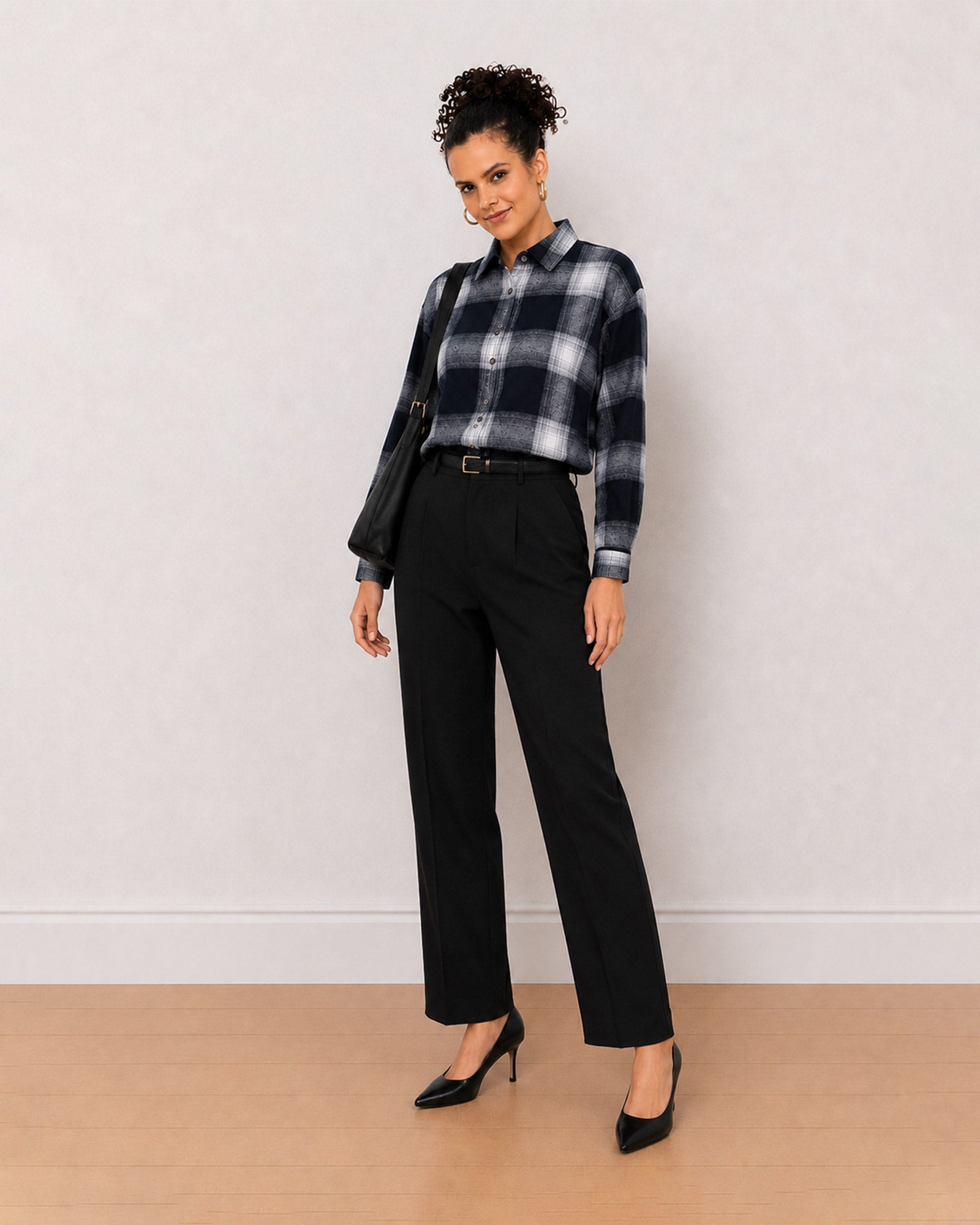 Gazillion Bianca navy blue checks oversized cotton shirt for women, full length front view