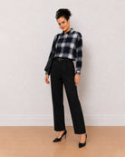 Gazillion Bianca navy blue checks oversized cotton shirt for women, full length front view