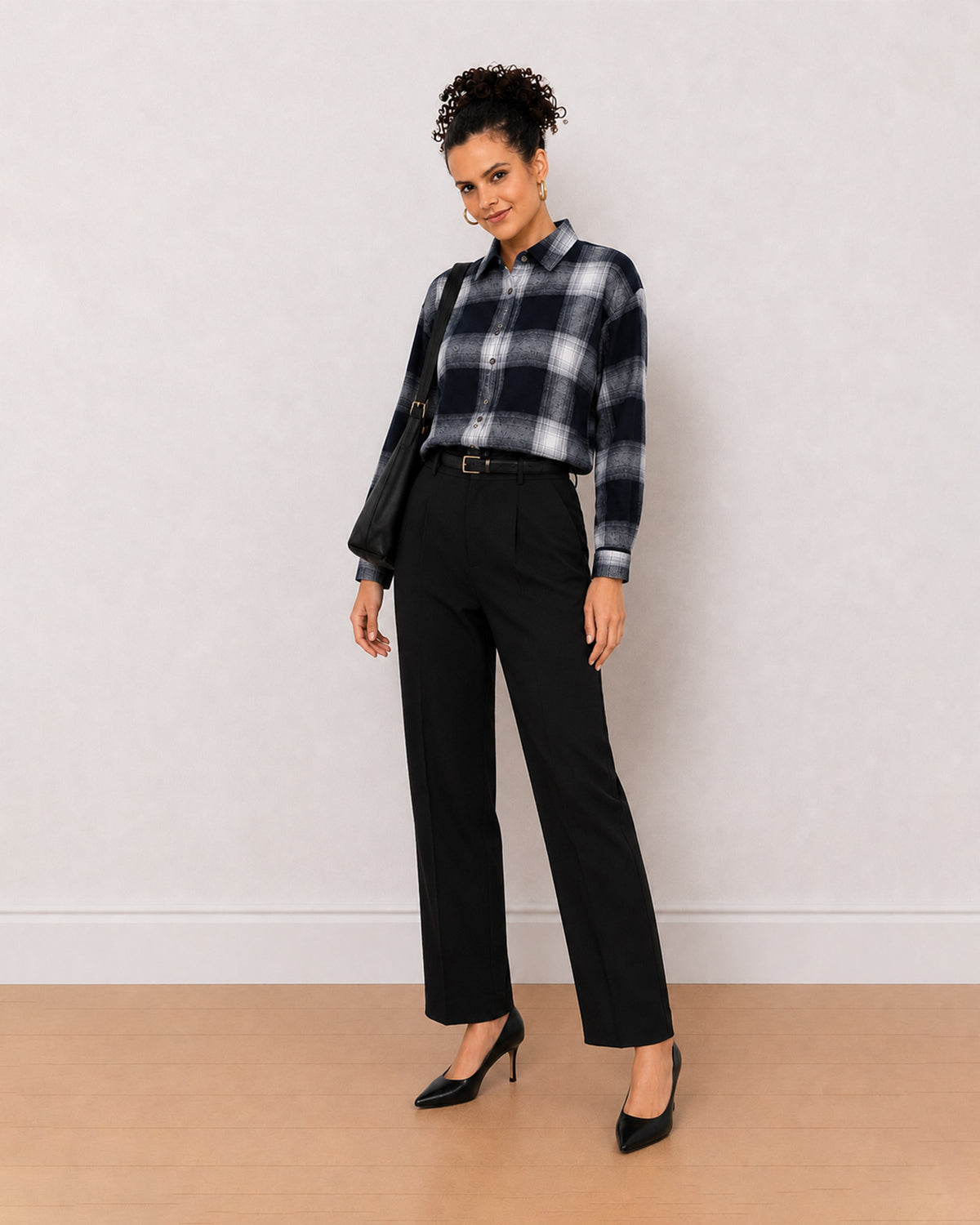 Gazillion Bianca navy blue checks oversized cotton shirt for women, full length front view