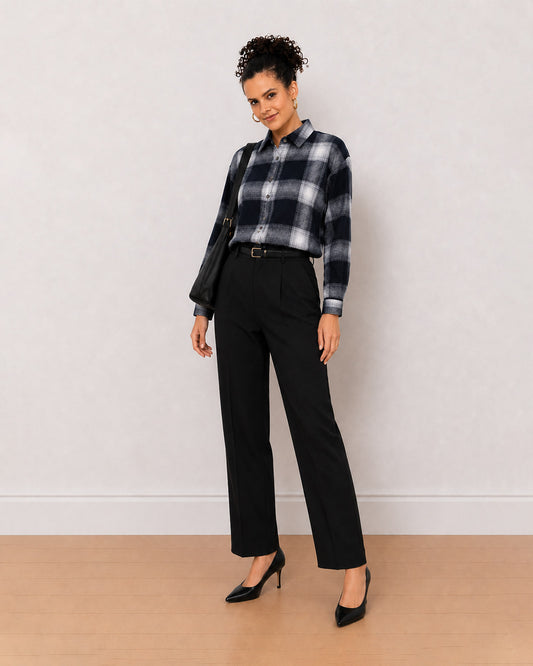 Gazillion Bianca navy blue checks oversized cotton shirt for women, full length front view