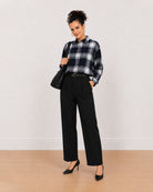 Bianca navy blue checks oversized shirt worn loose, front view of the drop shoulder