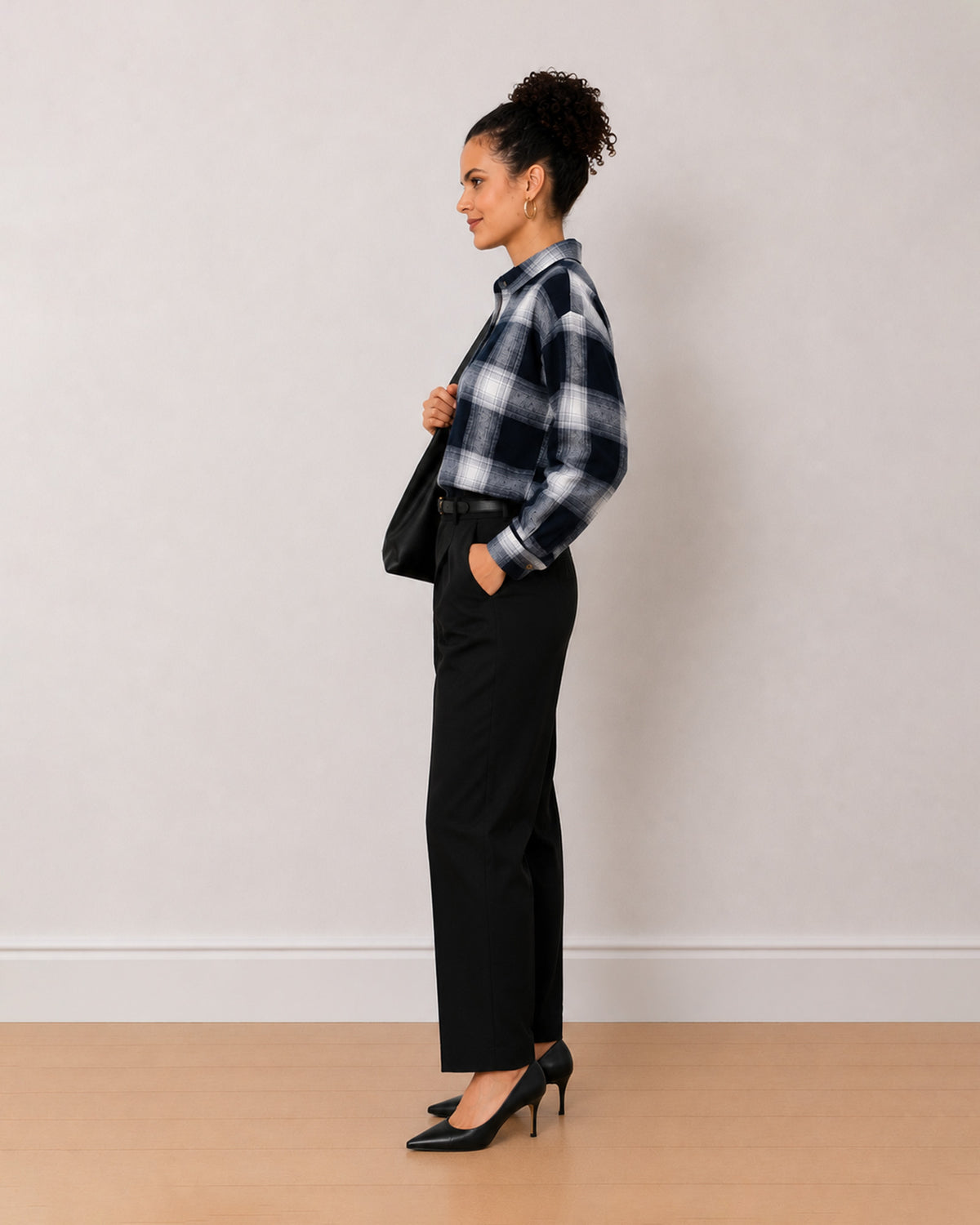 Bianca navy blue checks shirt side view with the drop shoulder and full sleeves