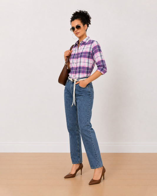 Gazillion Binny purple and pink checks office shirt for women, full length front view