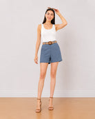 Blair denim blue tencel chambray shorts front view with the loose summer fit