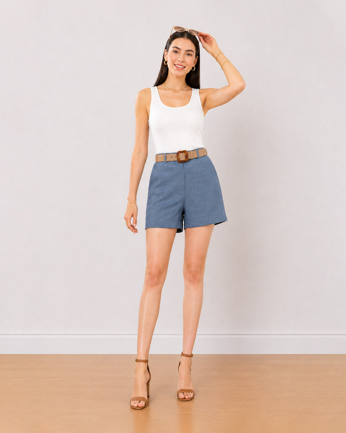 Blair denim blue tencel chambray shorts front view with the loose summer fit