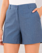 Blair denim blue shorts waistband with button and zip opening, belt loops and pocket