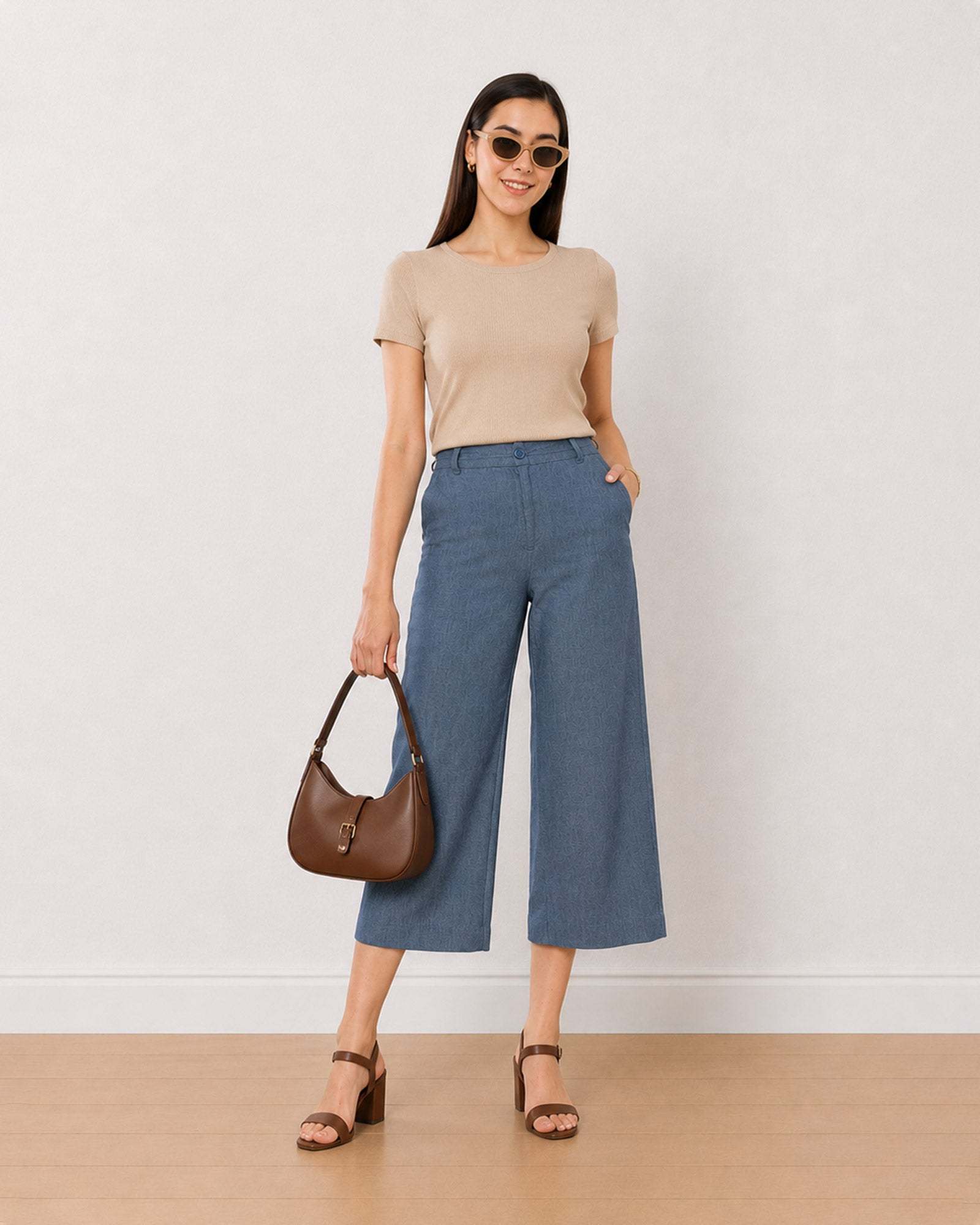 Gazillion Bliss denim blue 100% tencel chambray 3/4th straight pants for women, full length front view