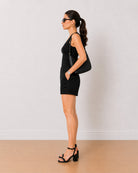 Bobby black medium waist summer shorts side view with the mid thigh length