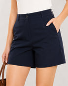 Bobby navy blue shorts waistband with button, belt loops and side cross pocket
