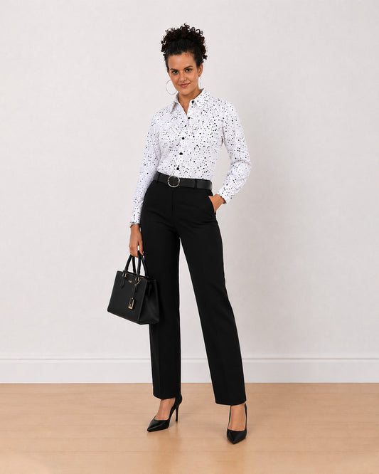 Gazillion Brenda black and white polka dots 100% cotton shirt for women, front with curved hem