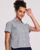Bronze black and white striped oxford collar and placket, hidden dignity buttons