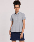 Bronze black and white striped shirt front detail with half sleeves and the curved hem