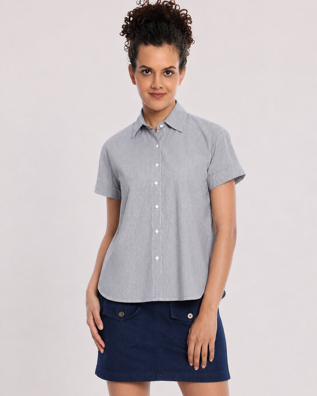 Bronze black and white striped shirt front detail with half sleeves and the curved hem