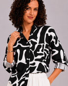 Brooke black and white abstract print shirt collar with hidden dignity buttons