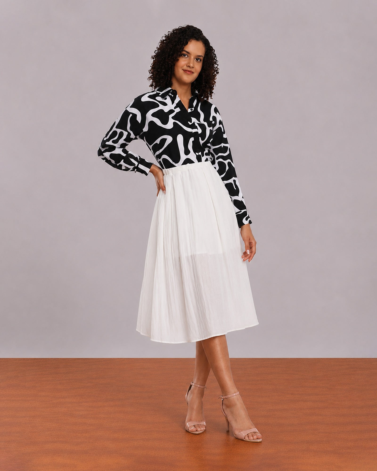 Gazillion Brooke black and white abstract print viscose linen shirt for women, front view