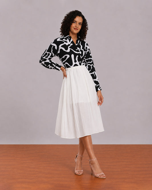 Gazillion Brooke black and white abstract print viscose linen shirt for women, front view