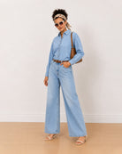 Gazillion Brynn light blue 100% cotton denim shirt for women, full length front view