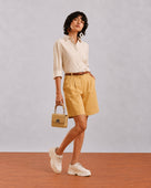 Gazillion Caleb light grey viscose linen formal shirt for women, full-length front view
