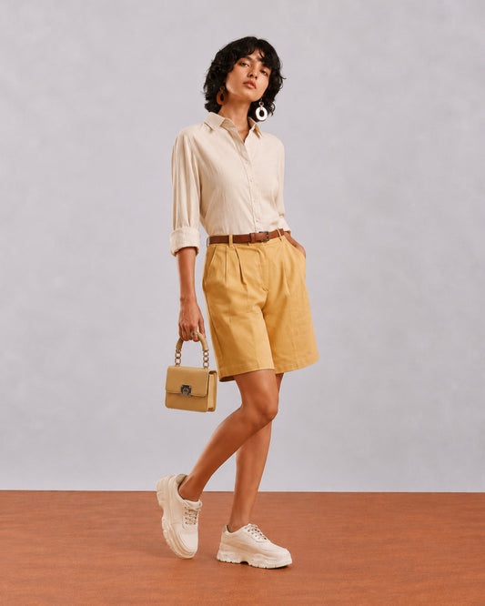 Gazillion Caleb light grey viscose linen formal shirt for women, full-length front view