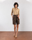Gazillion Camila olive green knee length bermuda shorts for women, full-length front view