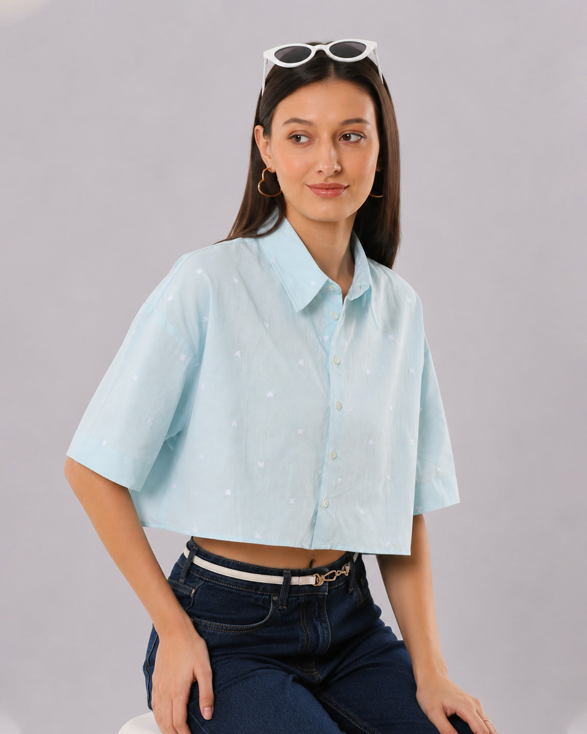 Carolina sky blue cropped shirt angled view showing cropped length worn untucked